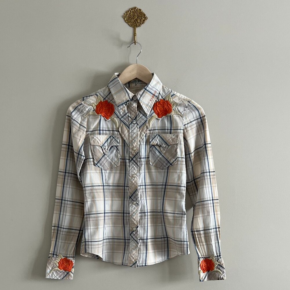 Vigoss Western Embroidered Plaid Snap Shirt Small Rose Detail